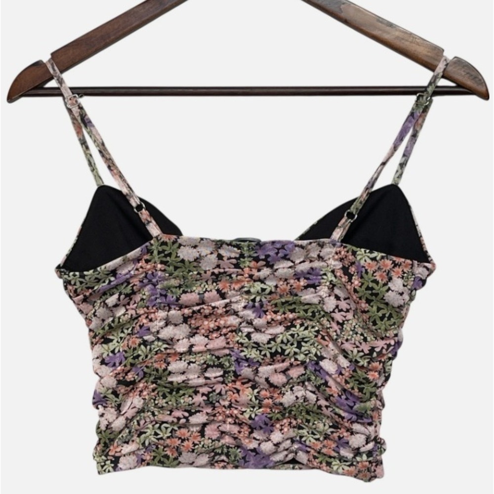 Forever 21 Floral Ruched Mesh Cami Crop Top Small Black Pink Purple Sweetheart - Picture 3 of 8